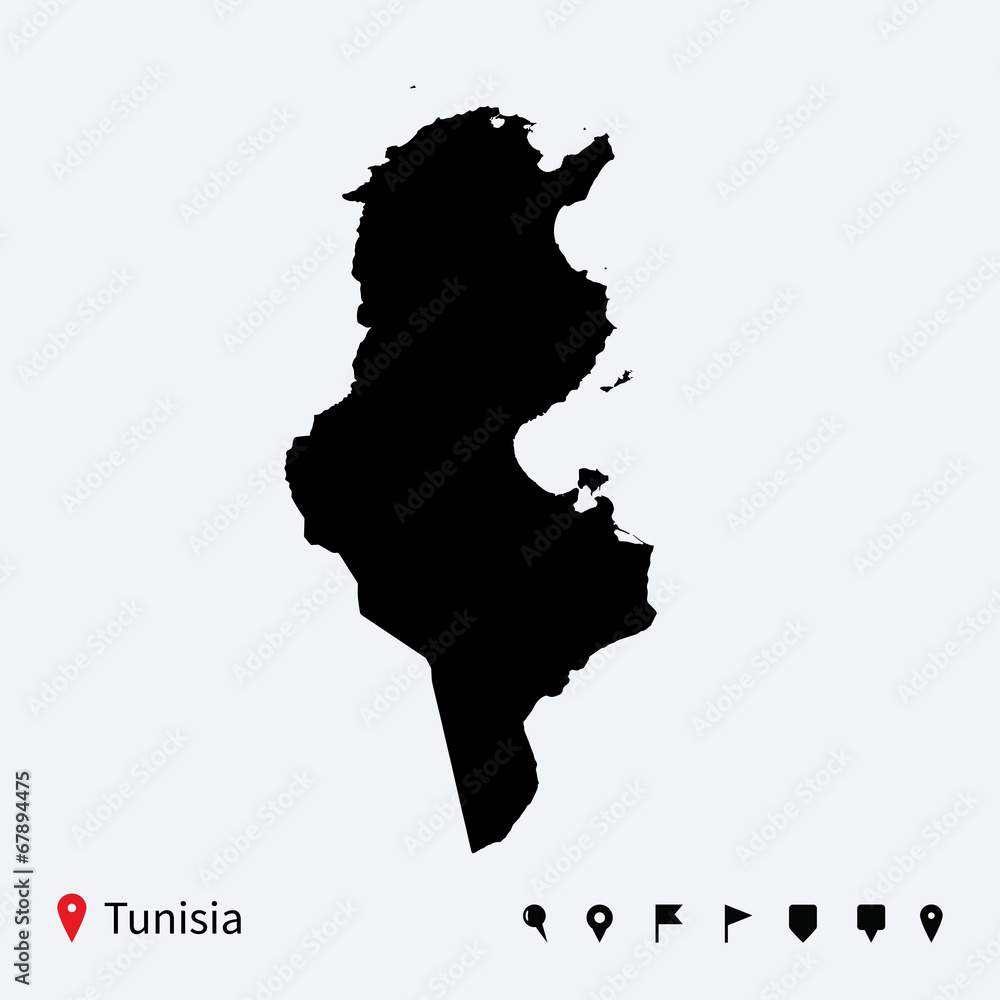 High detailed vector map of Tunisia with navigation pins.