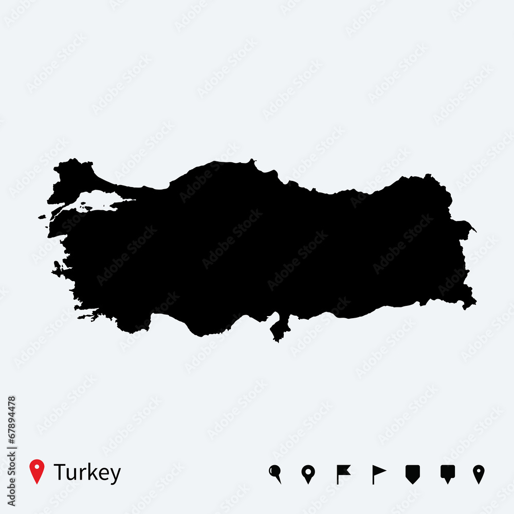 High detailed vector map of Turkey with navigation pins.