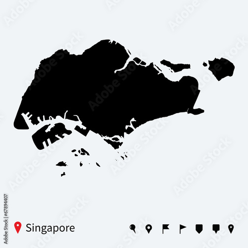 High detailed vector map of Singapore with navigation pins.