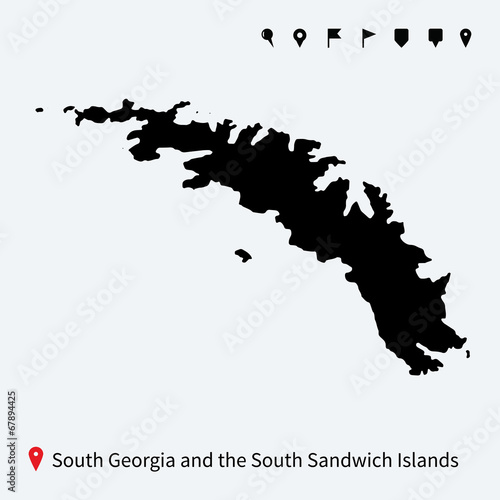 Detailed map of South Georgia and Sandwich Islands with pins.