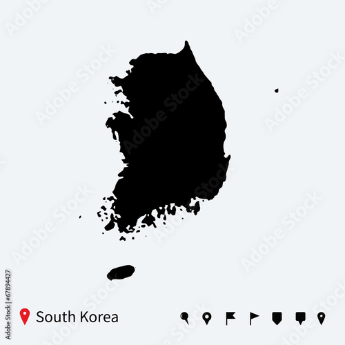 High detailed vector map of South Korea with navigation pins.