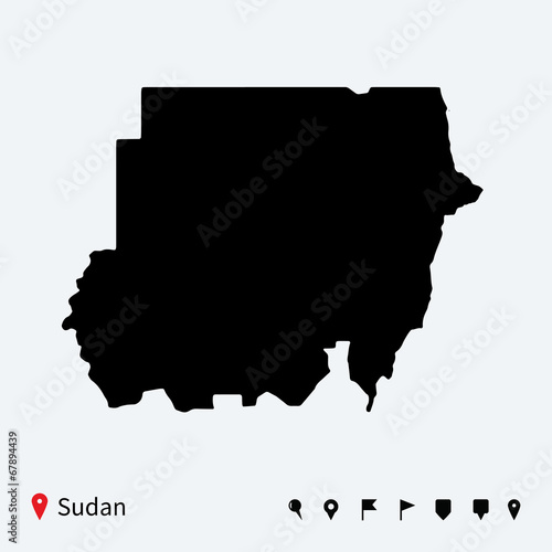 High detailed vector map of Sudan with navigation pins.