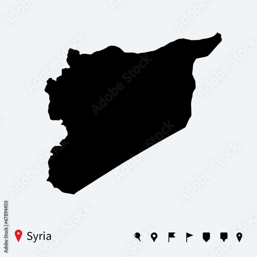 High detailed vector map of Syria with navigation pins.