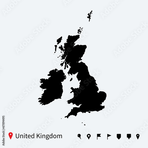 High detailed vector map of United Kingdom with navigation pins.