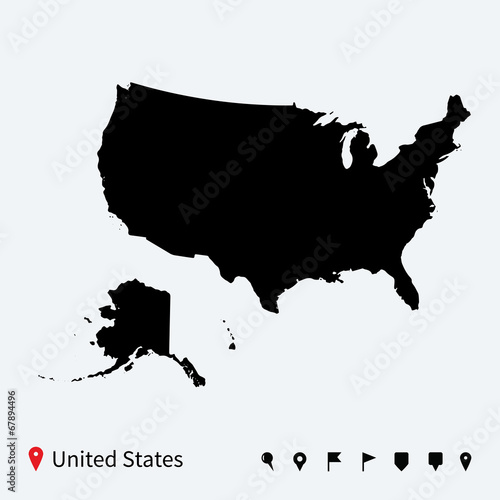 High detailed vector map of United States with navigation pins.