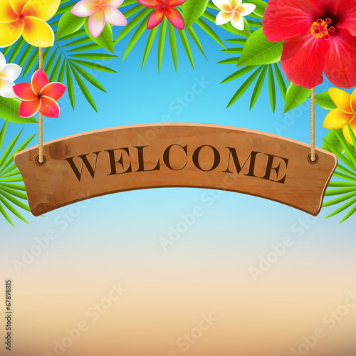 Wooden Sign With Tropical Flowers