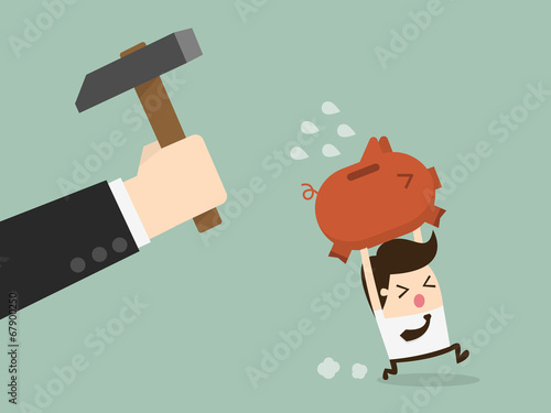 businessman try to break piggybank, vector illustration