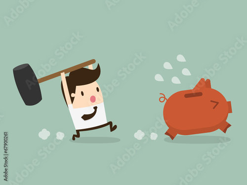 businessman holding hammer breaking piggybank, vector illustrati