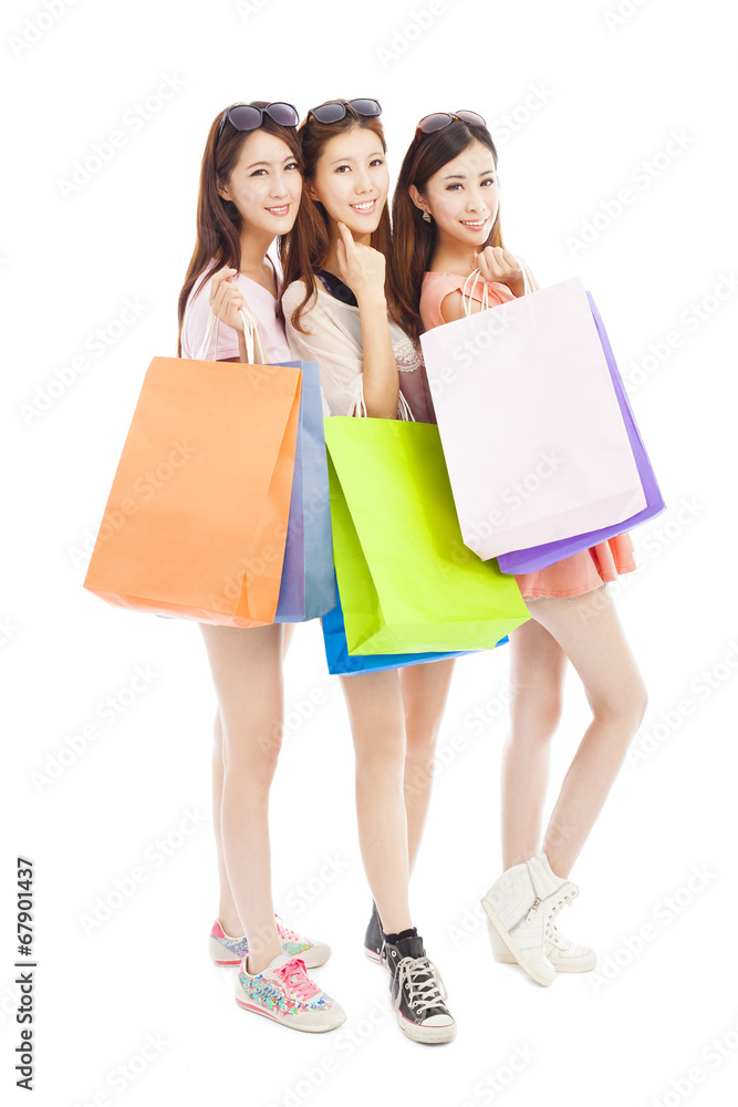 three happy asian shopping woman with bags three happy asian shopping woman with bags