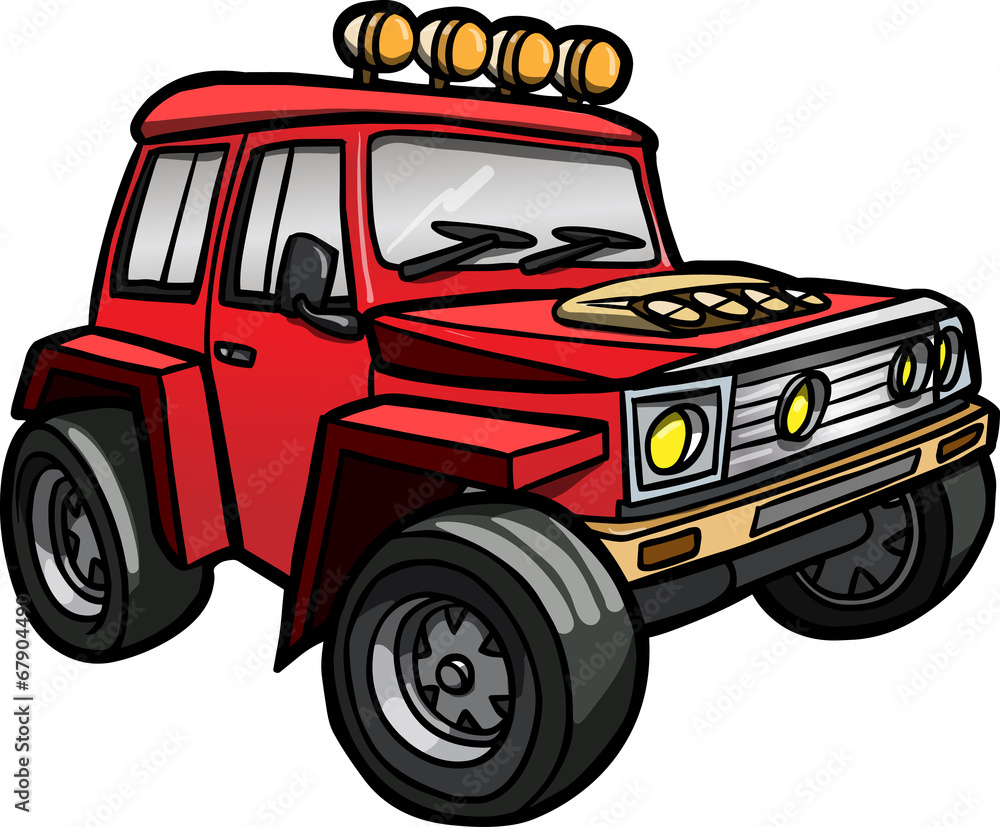 Illustration of a cartoon red jeep. Isolated. Colored