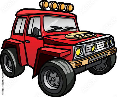 Illustration of a cartoon red jeep. Isolated. Colored