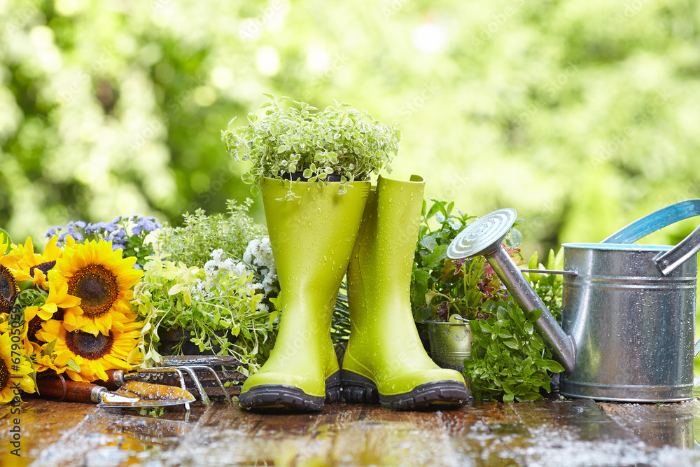 Rubber boots with watering can in wood terrace - obrazy, fototapety, plakaty 