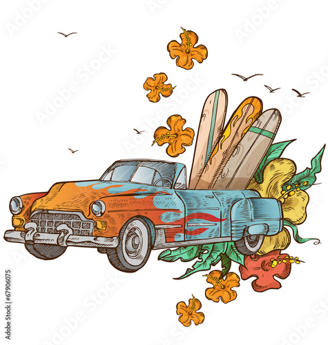 vintage car with surfboard