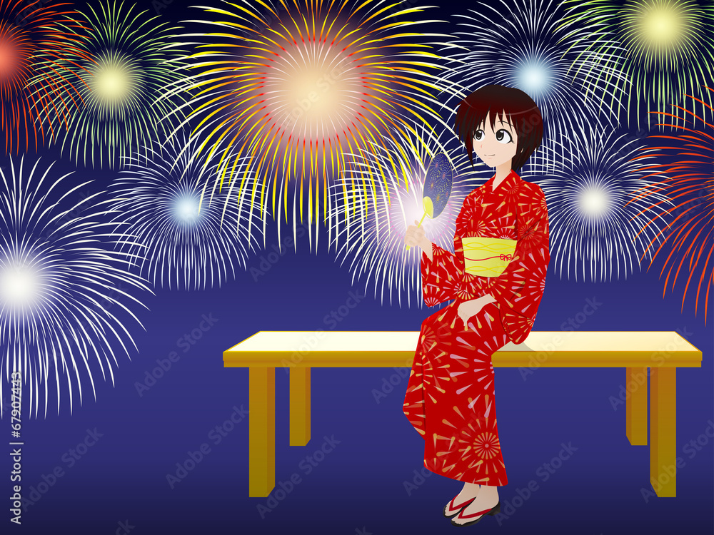 花火大会浴衣姿の女の子stock Illustration Adobe Stock 花火大会浴衣姿の女の子stock Illustration Adobe Stock