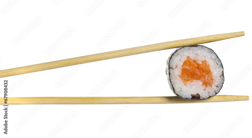 Salmon sushi roll in chopsticks isolated on white background Salmon sushi roll in chopsticks isolated on white background