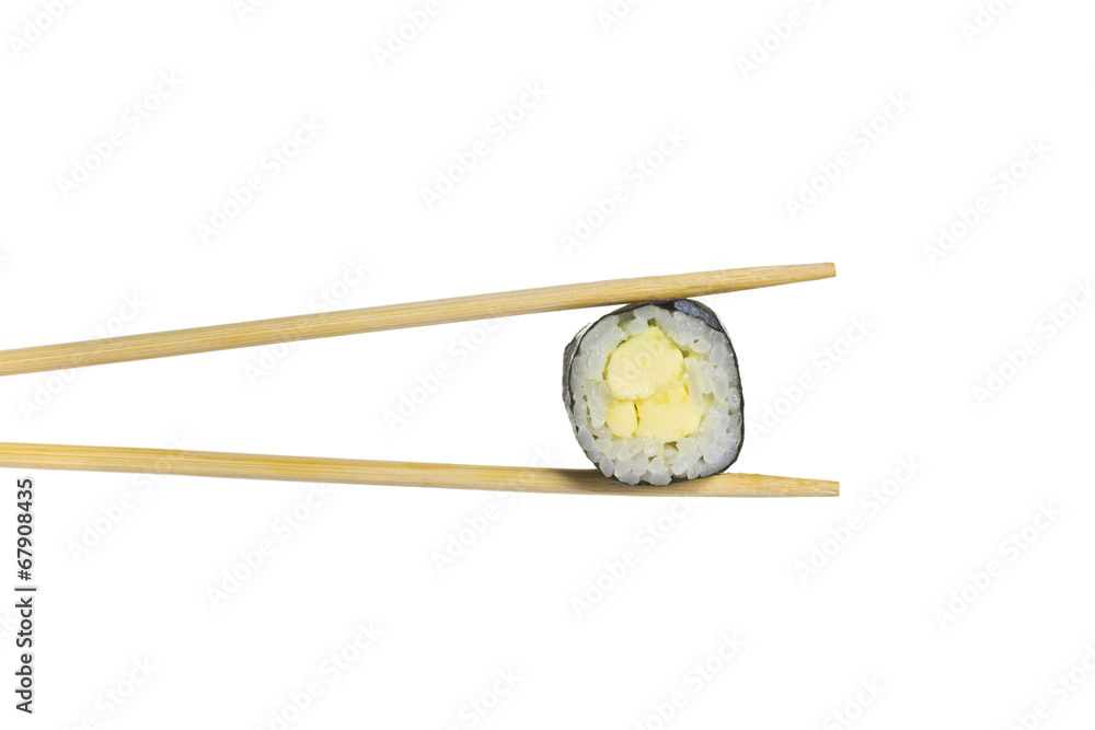 Avocado sushi roll in chopsticks isolated on white background Avocado sushi roll in chopsticks isolated on white background