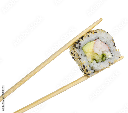 California sushi roll in chopsticks isolated on white background