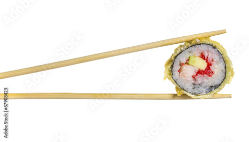 Hot sushi roll in chopsticks isolated on white background
