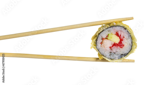 Hot sushi roll in chopsticks isolated on white background
