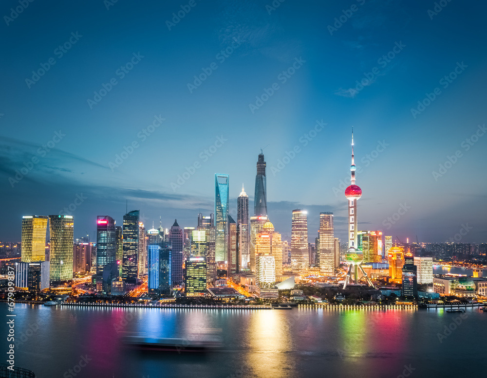 shanghai financial district skyline in nightfall