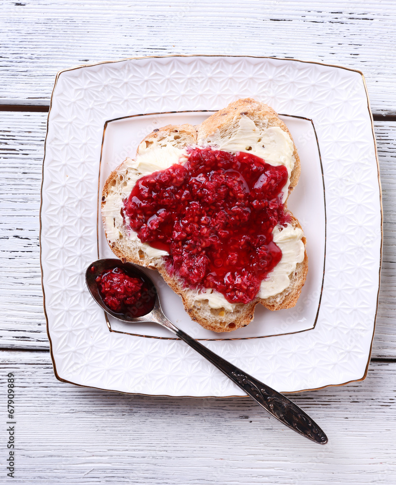 Fresh toast with  homemade butter and raspberry jam