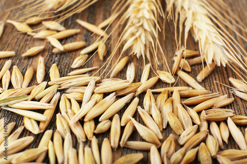 Rye grains and ears on table  close-up