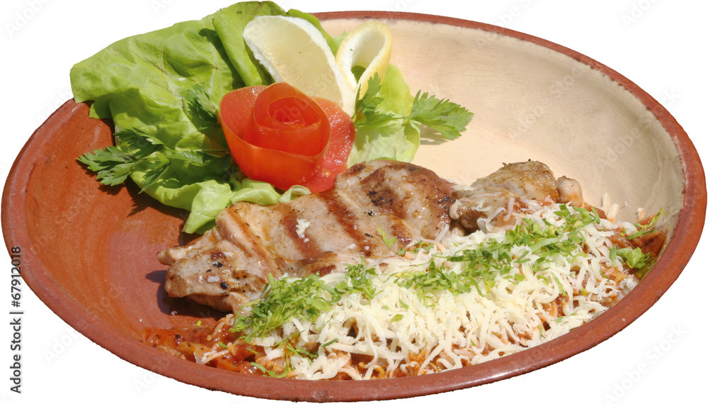 Barbecued Delicious chicken fillet with salad and cheese garnish