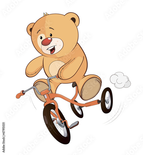 A stuffed toy bear cub and a children's tricycle cartoon