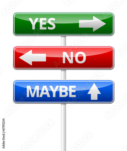 Yes, No, Maybe - three colorful traffic sign with way isolated o