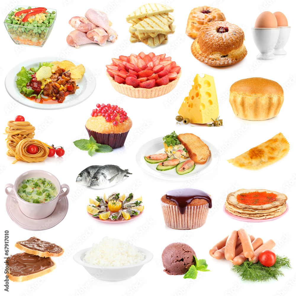 Food collage isolated on white Food collage isolated on white