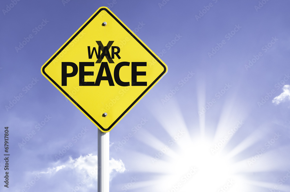 Peace road sign with sun background