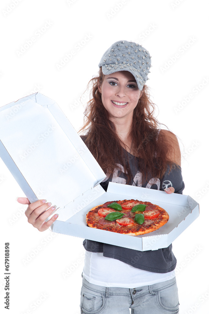 Pizza Lieferantin bringt Pizza Porträt Pizza Lieferantin bringt Pizza Porträt