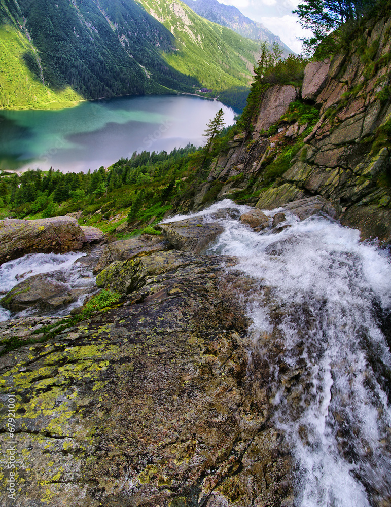 Beautiful scenery of Tatra mountains and waterfall - obrazy, fototapety, plakaty 