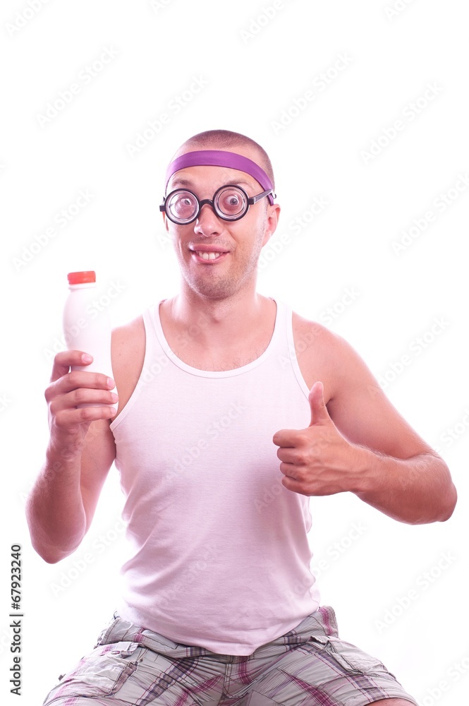 Nerd guy holding bottle with thumb up Nerd guy holding bottle with thumb up