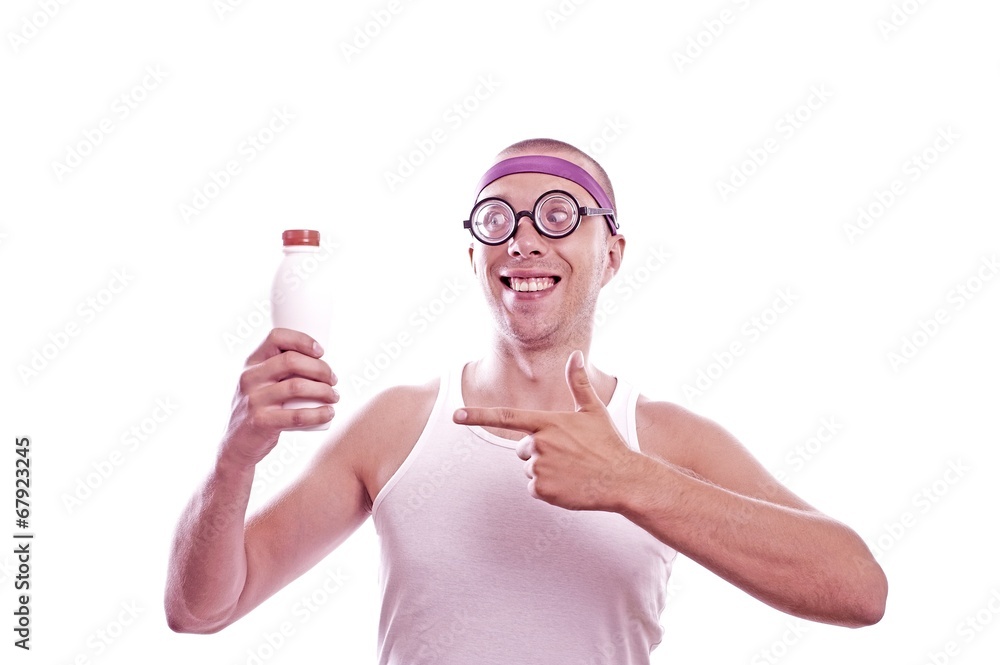 Nerd guy showing with finger on bottle Nerd guy showing with finger on bottle