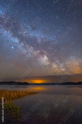 Bright Milky Way over the lake at night