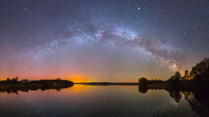 Leinwandbilder Schwarz Bright Milky Way over the lake at night (panoramic photo)  © Viktar Malyshchyts