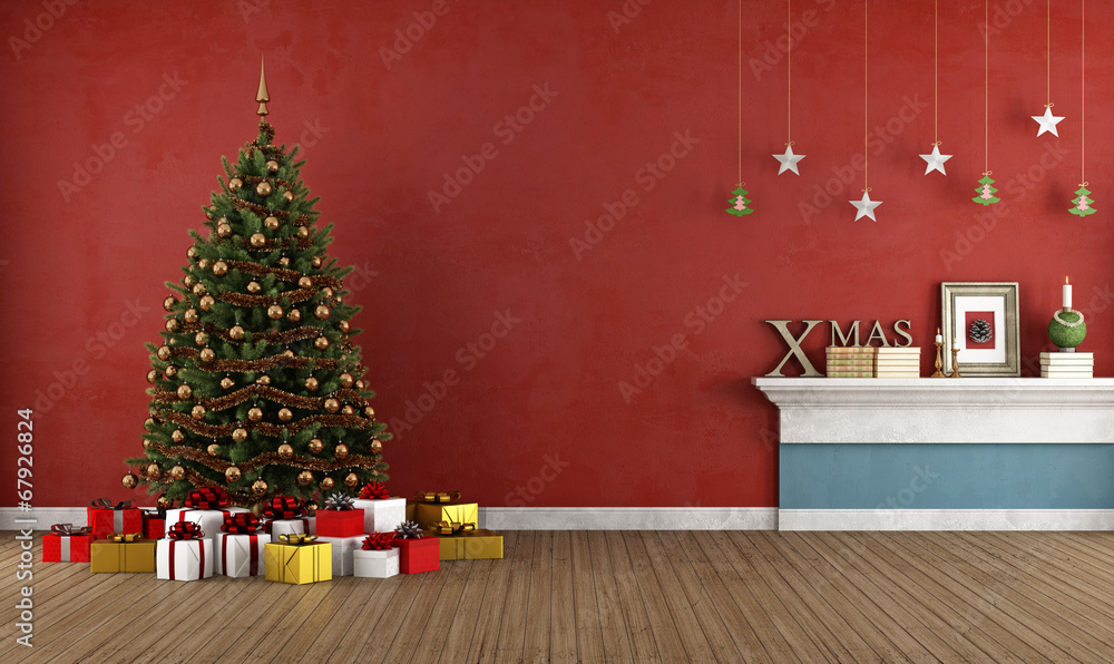 Old red room with christmas tree - obrazy, fototapety, plakaty 