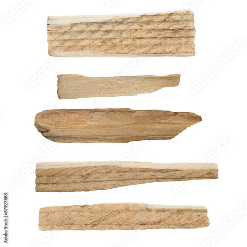 Collection pieces of broken planks of beech isolated on white