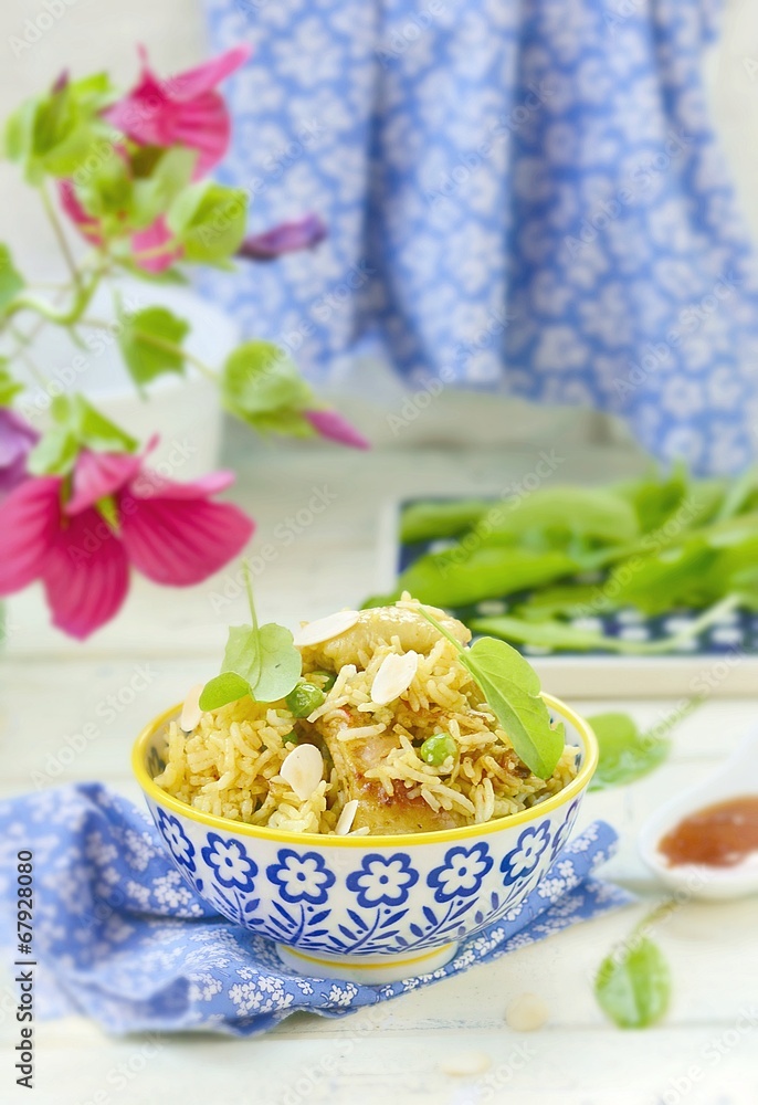 pilaf with chicken, peas and almonds pilaf with chicken, peas and almonds
