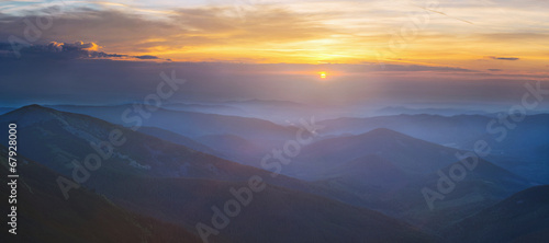 Dawn in the Carpathians mountains. (large panorama)