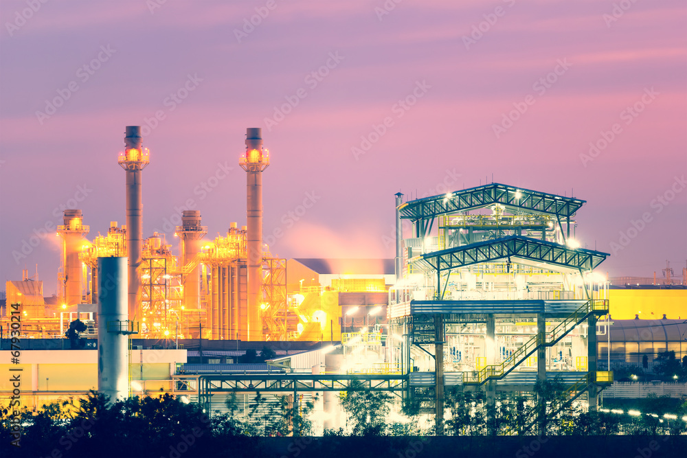 Obraz premium Power plant, gas fired power station. Industrial factory may called combined cycle gas turbine plant or CCGT. Electricity energy generation by natural gas, heat recovery steam generator and boiler.