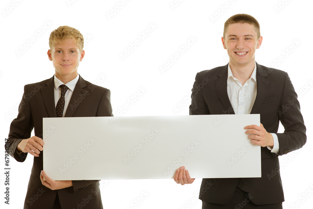 group of two businesspeople holding blank banner group of two businesspeople holding blank banner