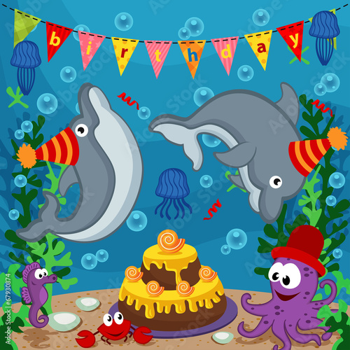 birthday marine animals - vector illustration, eps