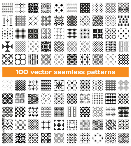 100 tiled different monochrome vector seamless patterns