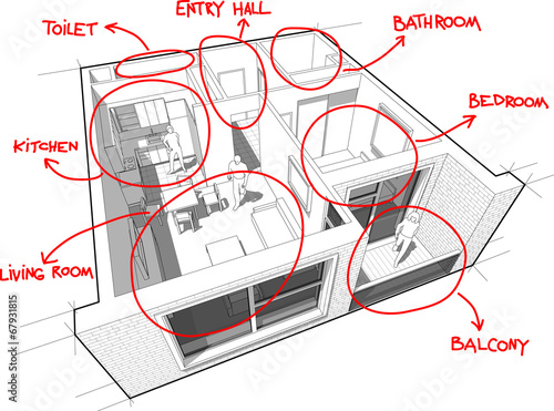 Apartment diagram with hand drawn notes
