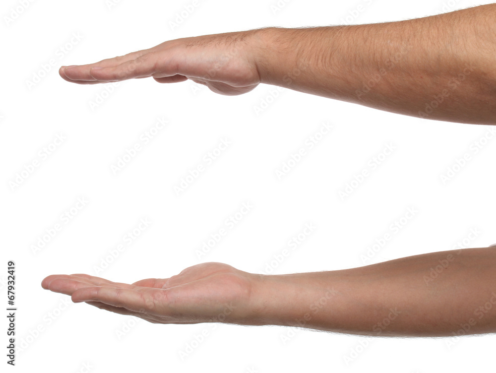 Two male hands with space to put something. Isolated Two male hands with space to put something. Isolated