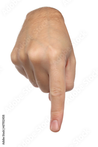 Hand signs. Male finger pointing down. Isolated