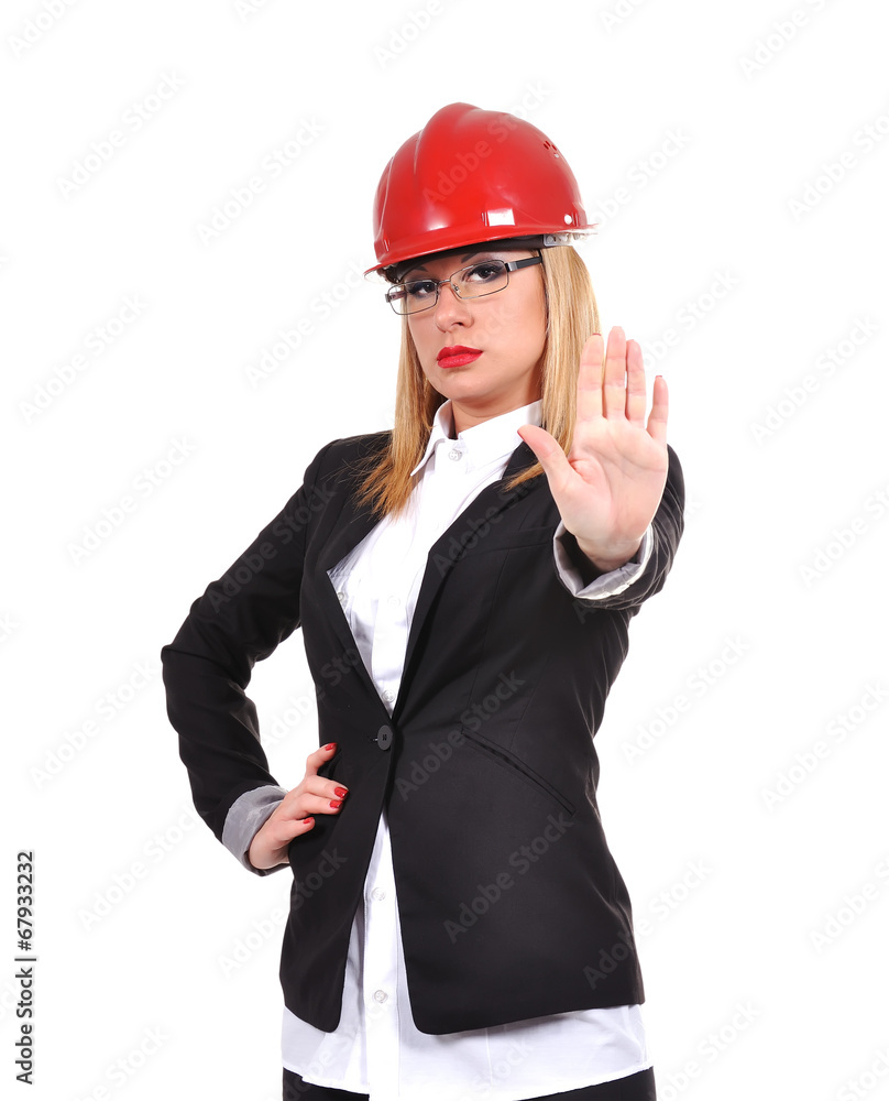 Woman engineer showing stop Woman engineer showing stop
