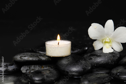 White orchid with white candle and therapy stones